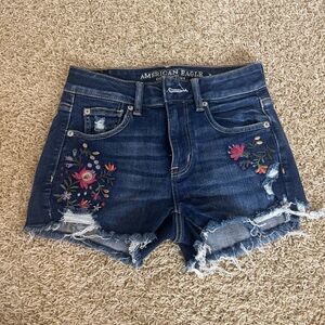 American Eagle Outfitters Women's Blue Denim Shorts with Floral Embroidery